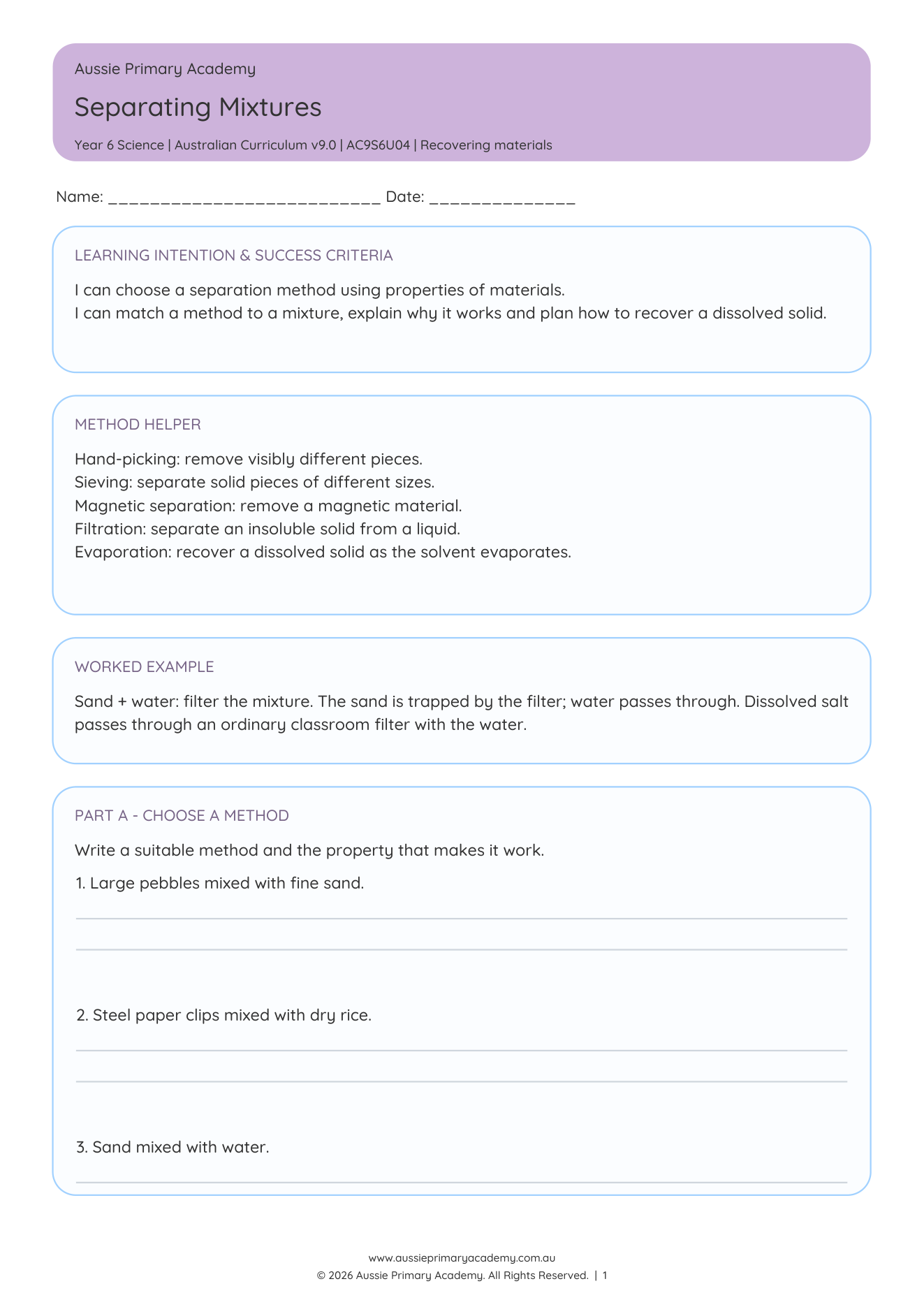 Year 6 Separating Mixtures Science worksheet preview