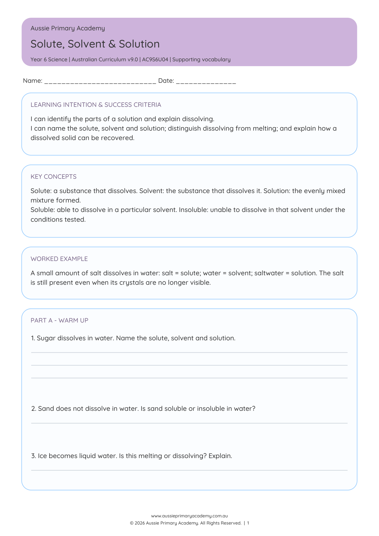 Year 6 Solute Solvent and Solution Science worksheet preview