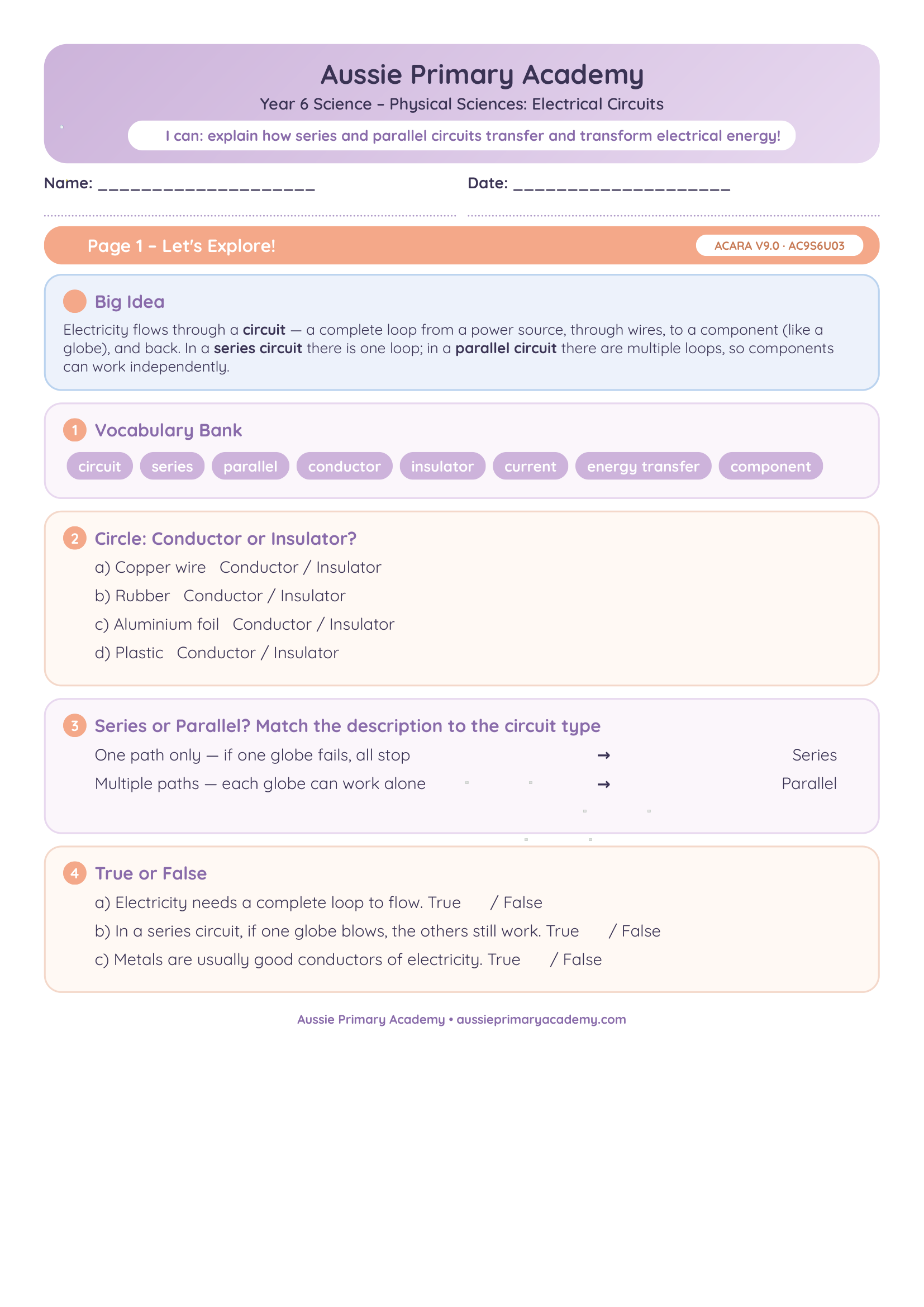 Year 6 Electrical Circuits worksheet preview