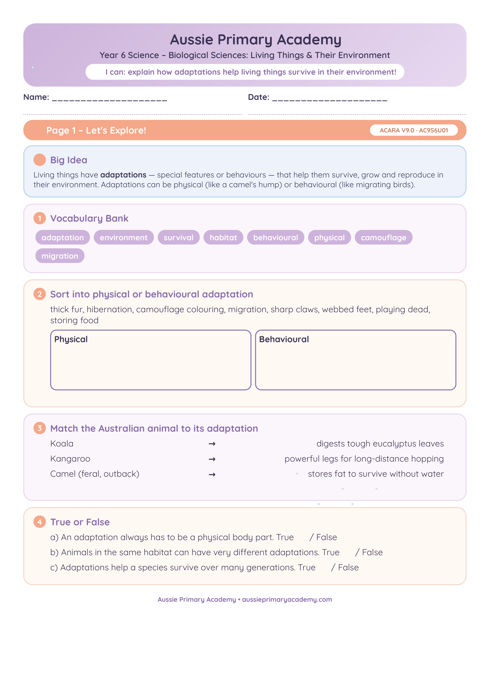 Living Things Environment Adaptations Australia Colour worksheet preview